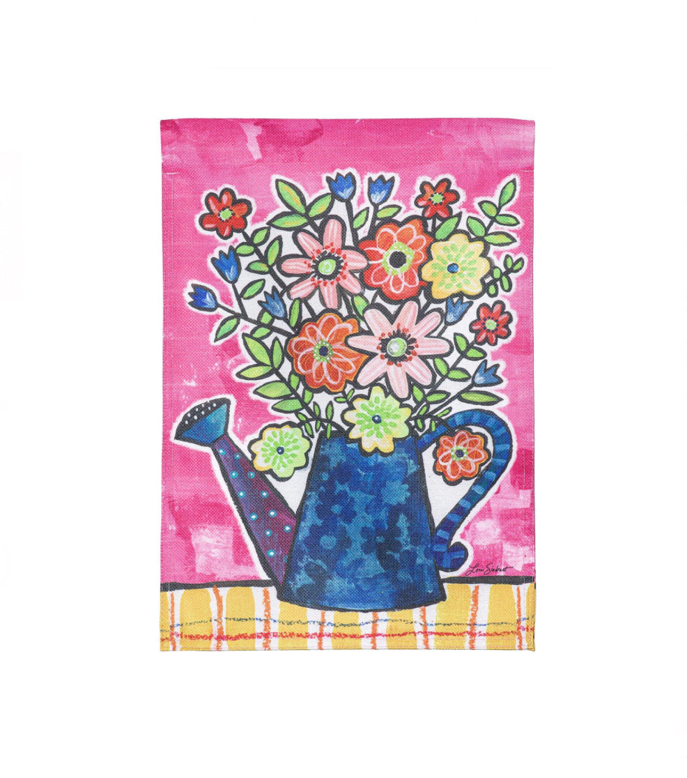 Summer Flowers Watering Can Burlap Garden Flag
