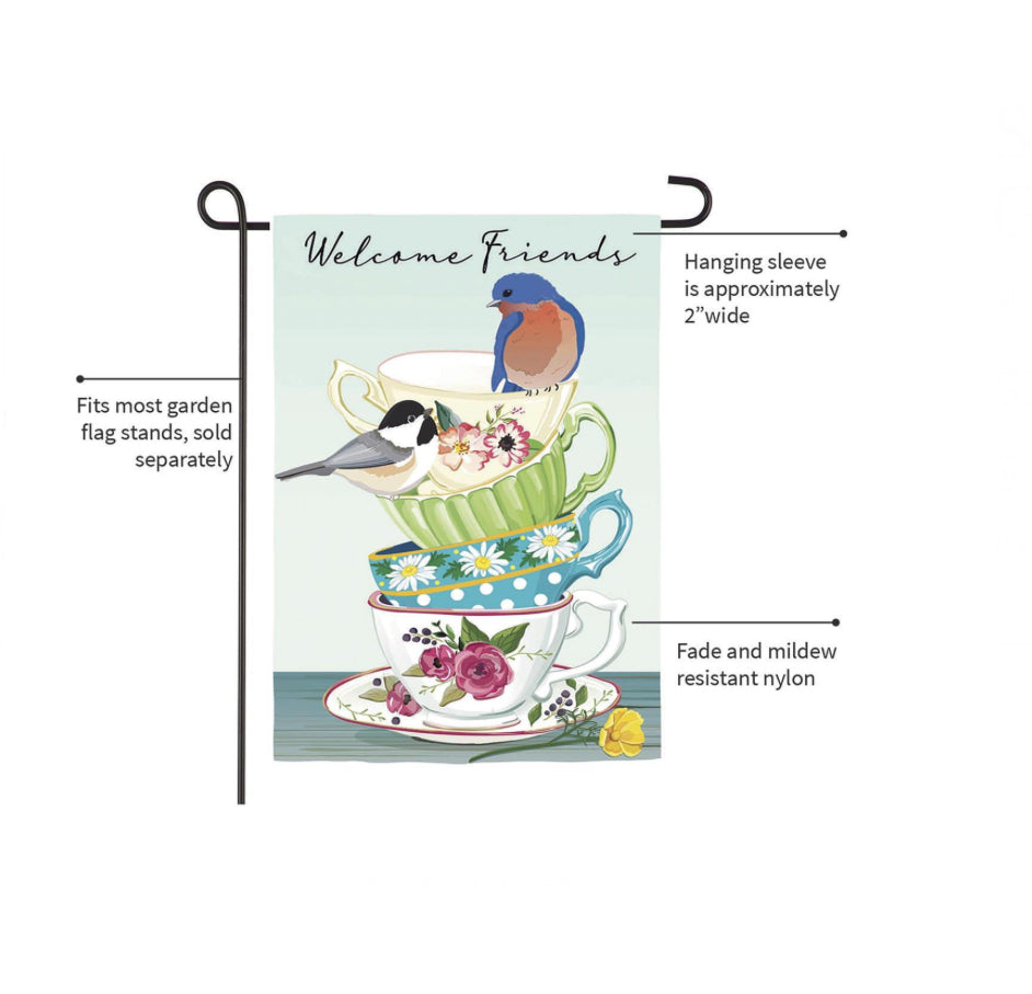 Songbirds and Teacups Appliqué Garden Flag