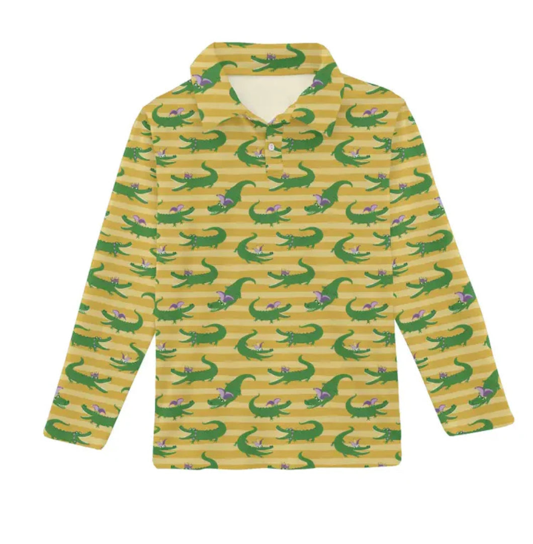 Mardi Gras Gator Long Sleeve Polo