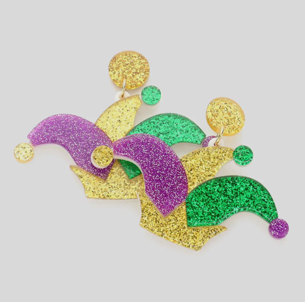 Mardi Gras Glitter Jester Hat Dangle Earrings