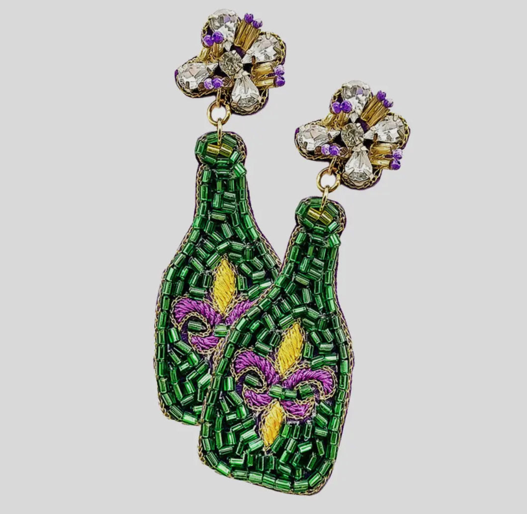 Mardi Gras Fleur de Lis Champagne Dangle Earrings