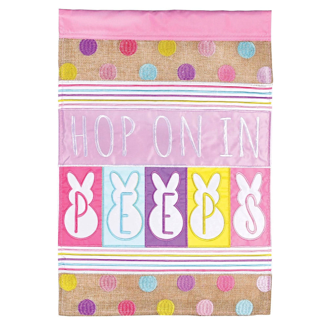 Hop On In Peeps Garden Flag