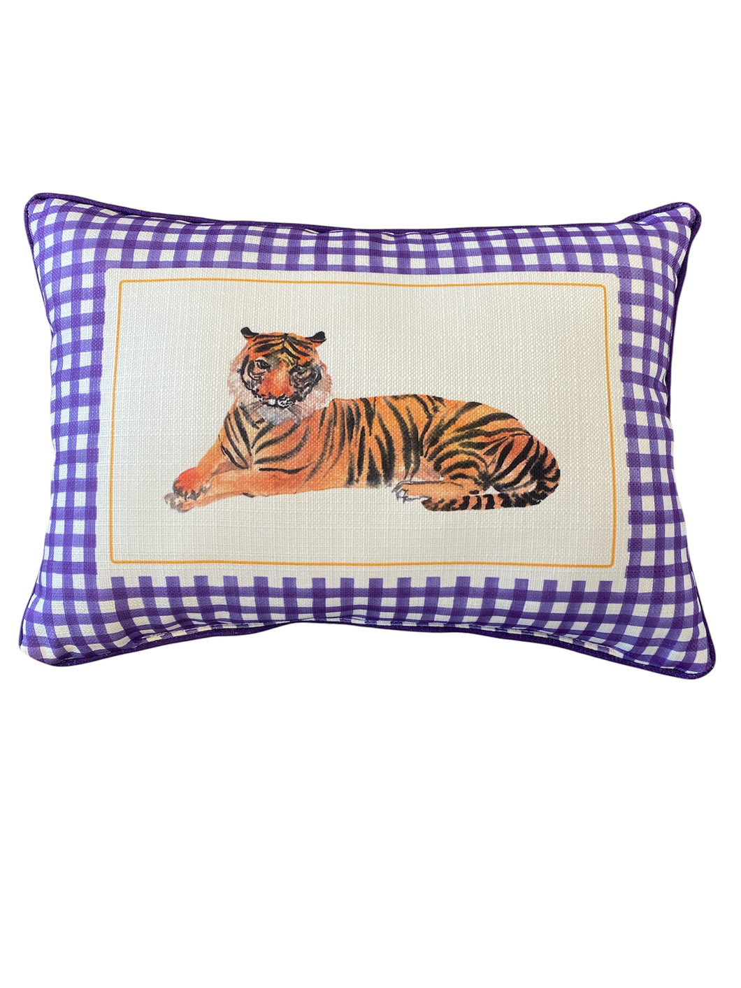 Purple Gingham Tiger Lumbar Pillow