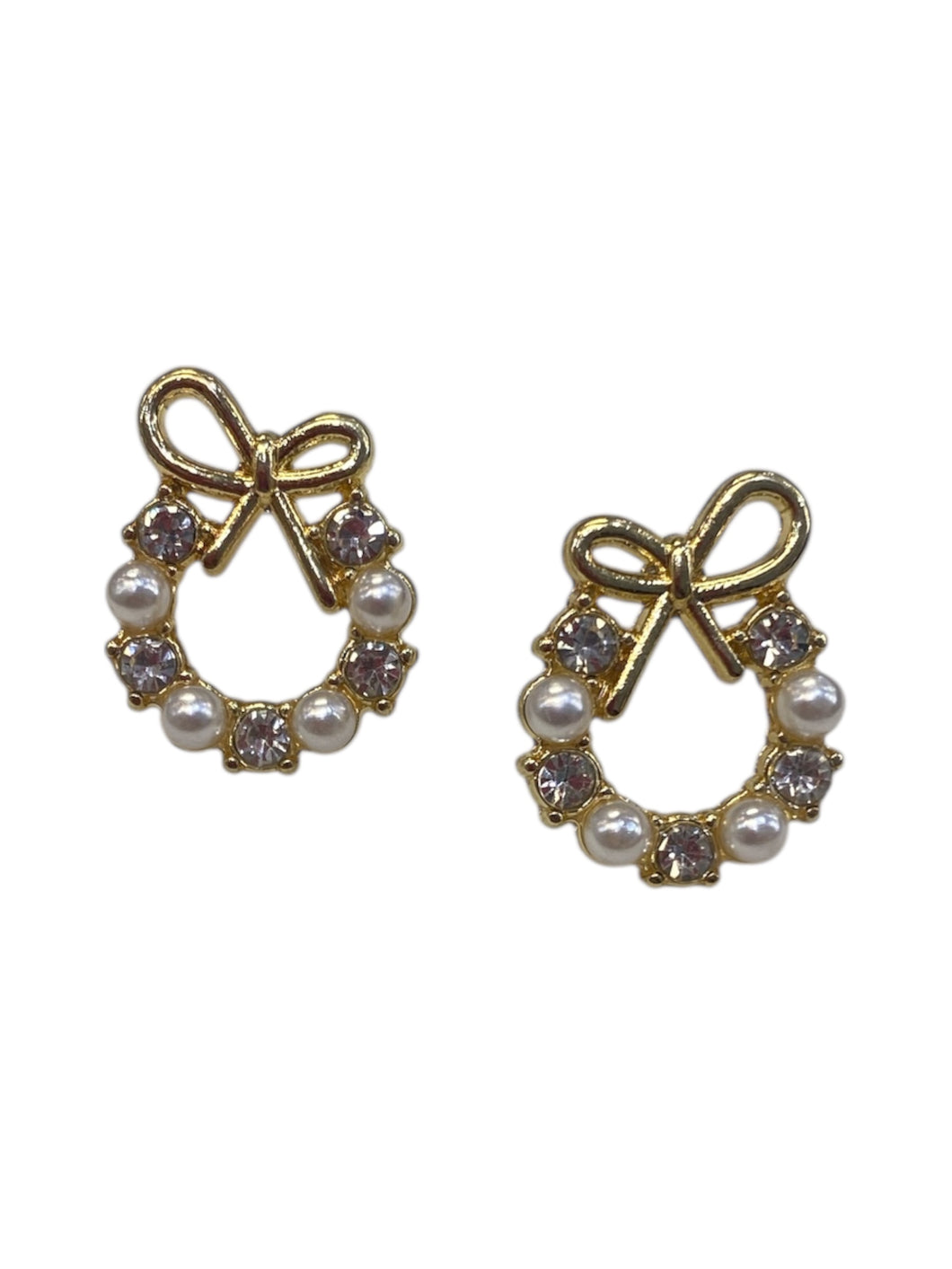 Pearl & CZ Circle with Gold Bow Earrings