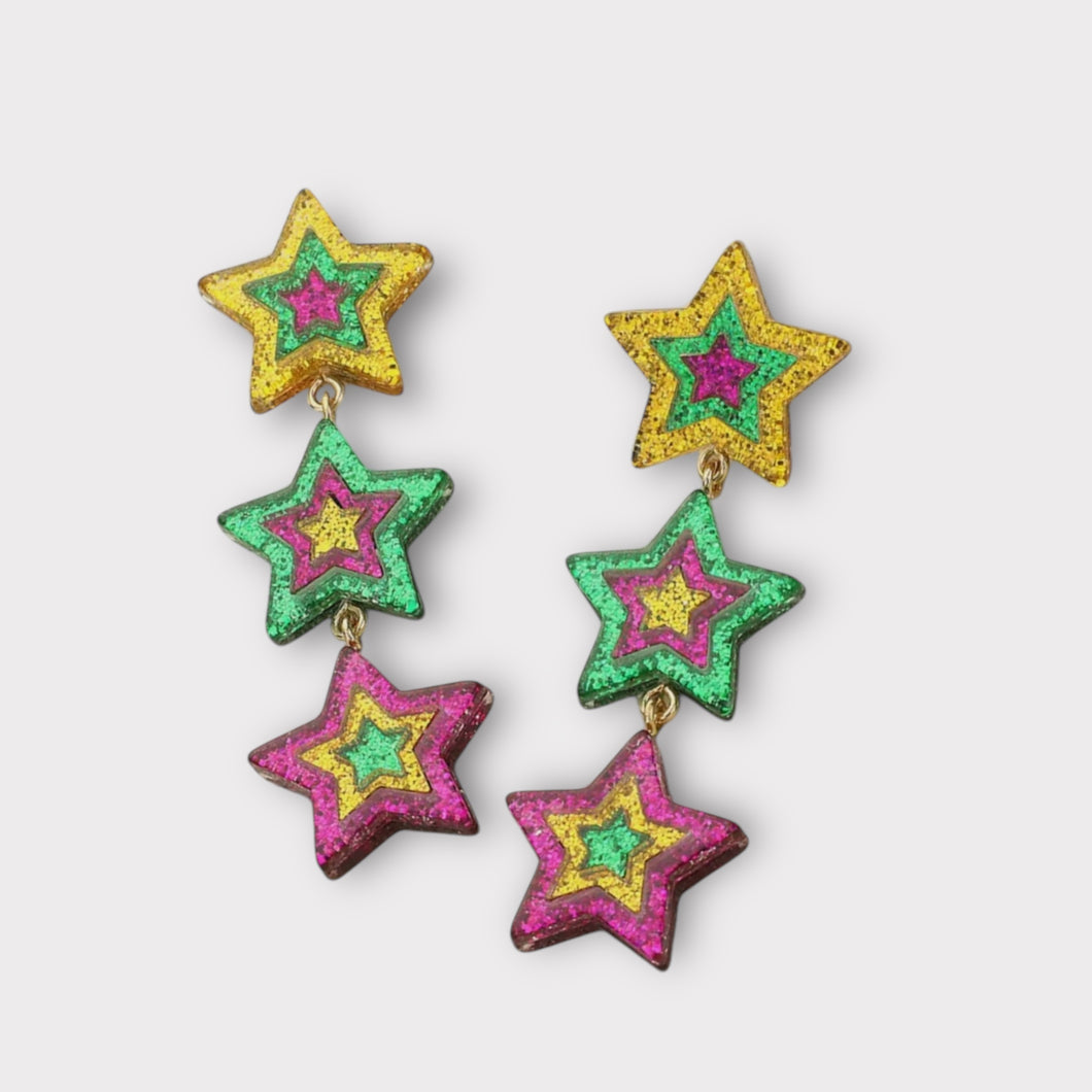 Glittered Resin Mardi Gras Triple Star Earrings