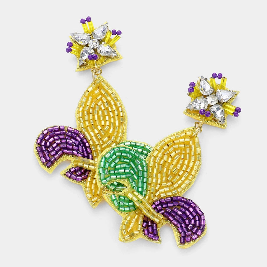 Mardi Gras Beaded Fleur de Lis Earrings