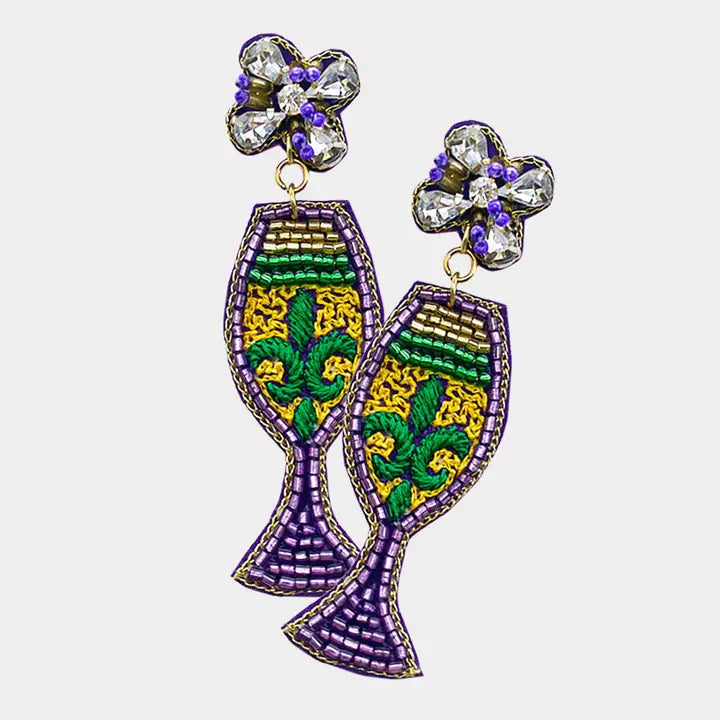 Mardi Gras Purple Beaded Champagne Glass Earrings