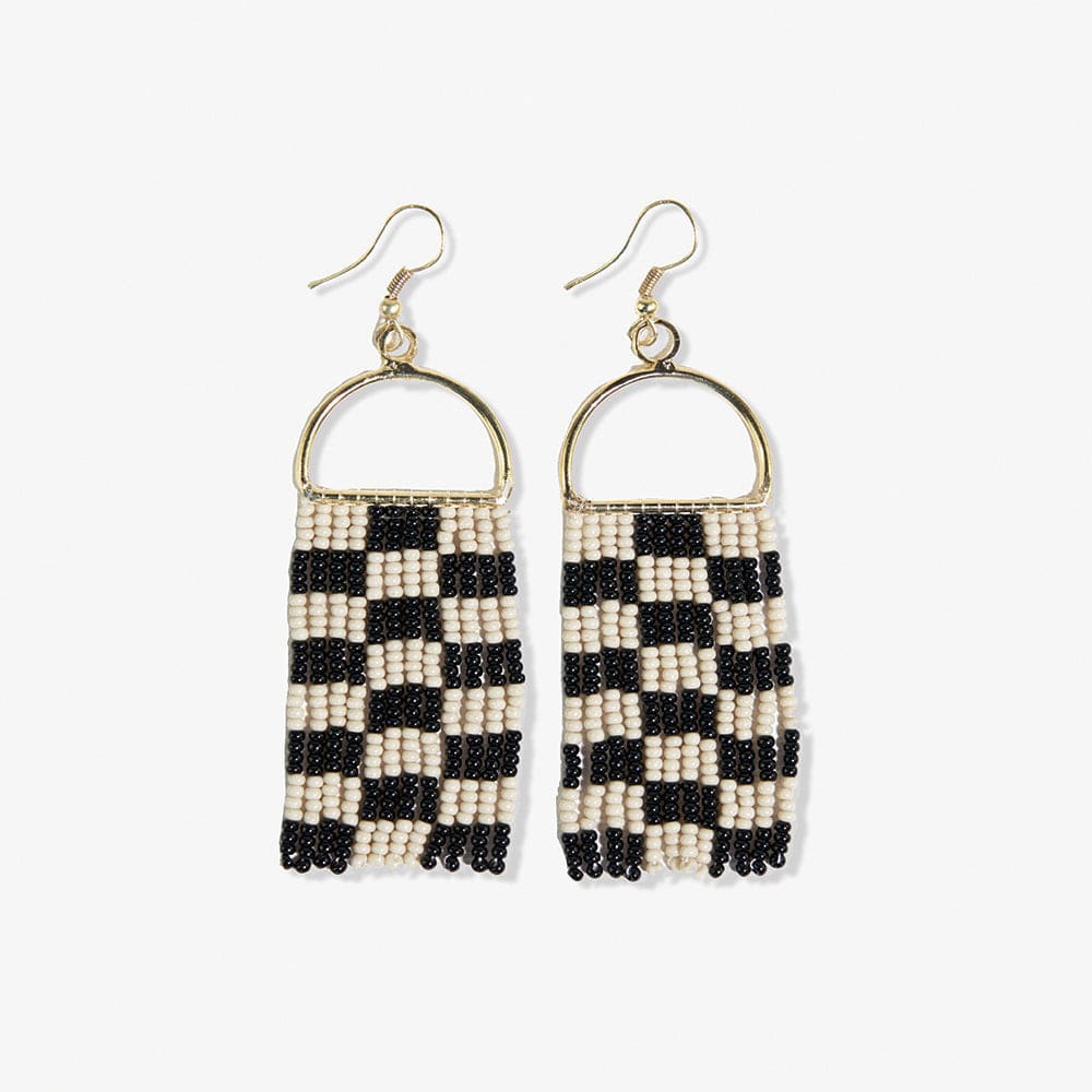 Allison Checkered Beaded Fringe Earrings Black