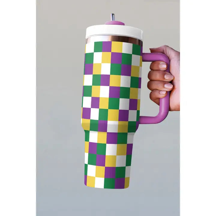 Mardi Gras Checkered Print Tumbler