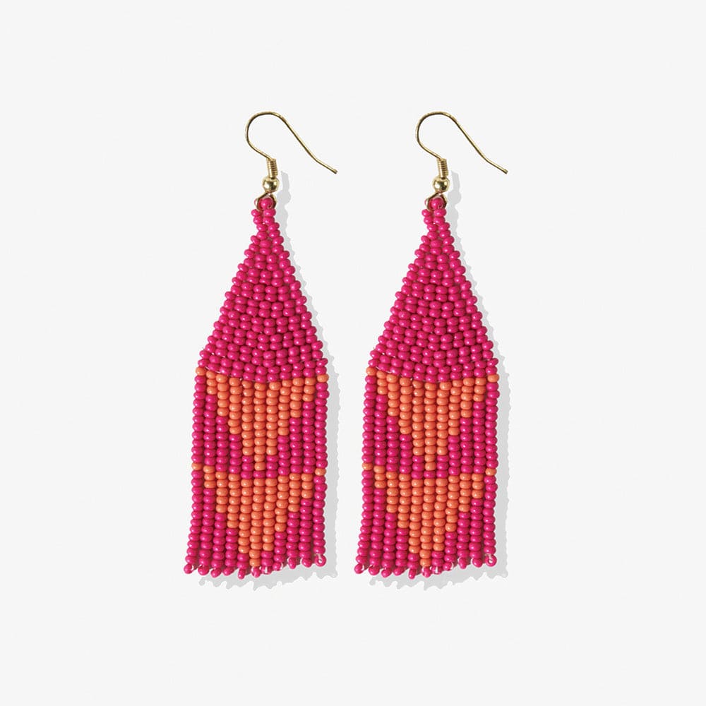 Lennon Two Color Triangles Beaded Fringe Earrings Hot Pink