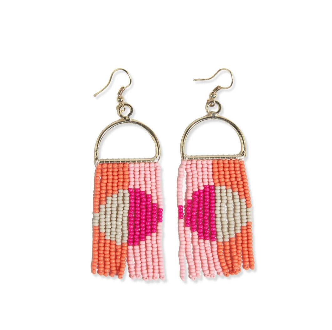 Hot Pink Coral Circle on Arch Fringe Earrings